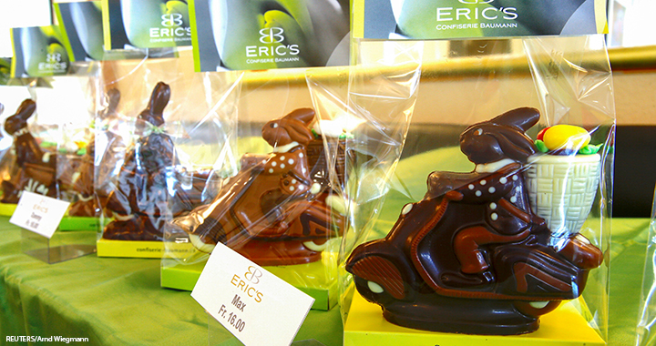 Chocolate Easter bunnies on scooters are displayed at Eric